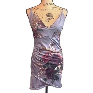NWT CBR Women Floral Romantic V-Neck Mini Coquette Bodycon Slip Dress Grey Large